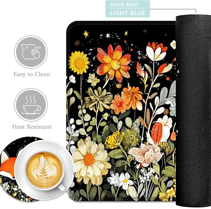 Keyboard Mouse Pad Set Extended Gaming Mouse Pad+Ergonomics Keyboard Wrist Rest Support Memory Foam Easy Typing Pain Relief 4Pcs XL Ultra Thick Desk MatSleeping Fox in Starry Night