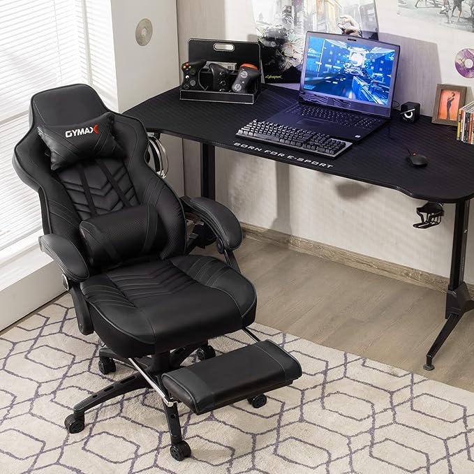 GYMAX Gaming Chair Ergonomic Computer Chair with Footrest Linkage Armrests &amp Lumbar Cushion Big Wide High Back Video Gaming Chair Reclining Office Rolling Chair for Adult/Teens (Black)