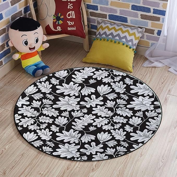 Simplistic Florets Area Rug Rug for Living Room Soft Durable Rugs Carpet for BedroomRound Rug Flower Botanical ArrangementBlack and White Diameter 35.5 in