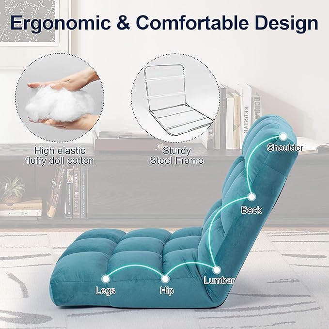 Floor Chair 24 inches Wide Oversized Velvet Armless Lay Flat Floor seat Padded Meditation Chair with 6 Adjustable Position Ergonomic Comfortable Convenient(LRSF-010-BLUE)