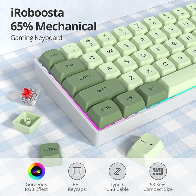 Green 65% Percent Small Mechanical Keyboard 68 Key RGB Gaming Keyboard Red Switch USB-C Wired Keyboard PBT XDA Keycaps Compact Mini Key Board for Game Office (68 Matcha)