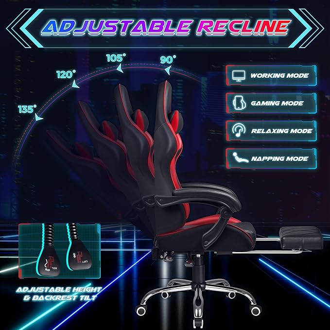 Shahoo Gaming Chair with Footrest and Massage Lumbar Support Computer Game Chairs Ergonomic Office Seat Height Adjustable with Headrest Red