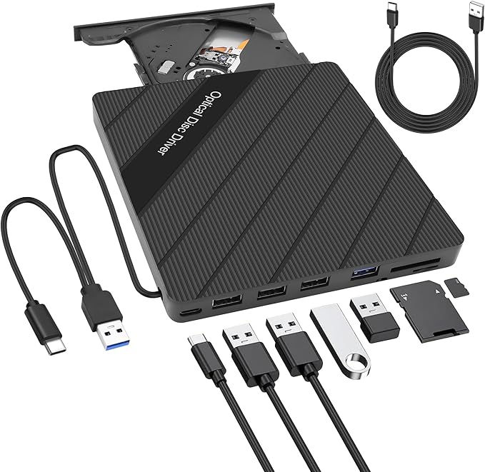 XMSJSIY External CD/DVD Drive for Laptop USB 3.0 Type-C Portable CD/DVD ROM +/-RW Drive Burner Writer Player Reader Disk Duplicator with USB 3.0/Type-C/SD/TF Card Ports 8 in 1 for Desktop PC Mac