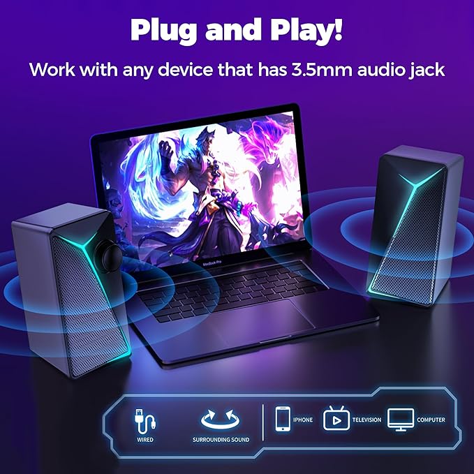 ROSON Computer Speakers Gaming PC Speakers with Enhanced Bass and Volume Control Stereo 2.0 USB Powered 3.5mm Aux Multimedia Speakers for Laptop/Desktop/Tablets/Phone