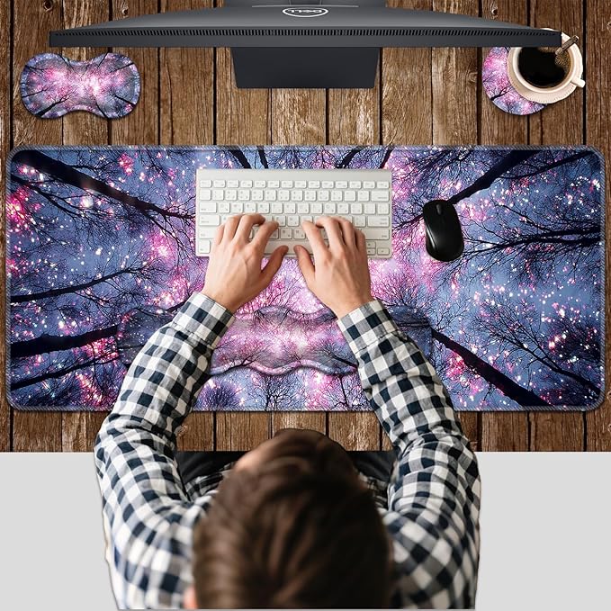 Ergonomic Keyboard Wrist Rest &amp Mouse Pad Wrist Rest SetXL Gaming Desk Mat 31.5x 11.8Non-Slip BaseMemory FoamEasy Typing Pain Relief for Office &amp HomeStarry Night Tree Branches