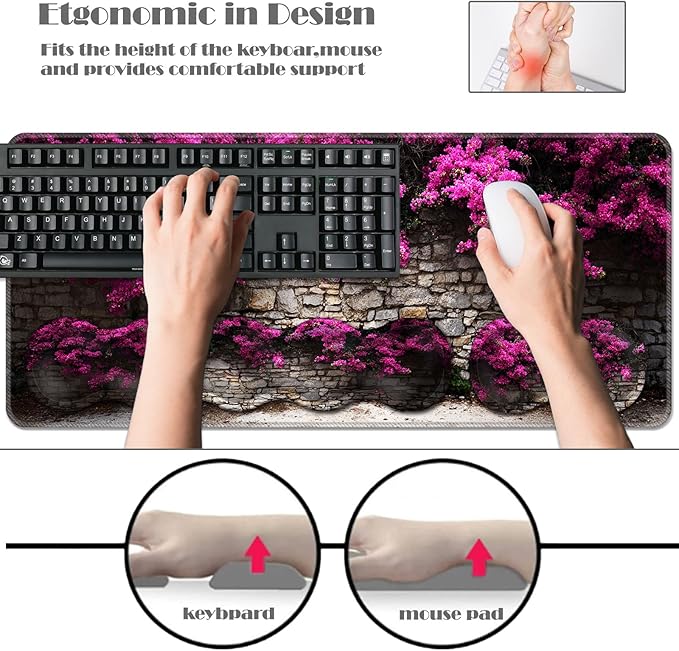 Ergonomic Keyboard Wrist Rest &amp Mouse Pad Wrist Rest SetXL Gaming Desk Mat 31.5x 11.8Non-Slip BaseMemory FoamEasy Typing Pain Relief for Office &amp HomePink Floral Stone