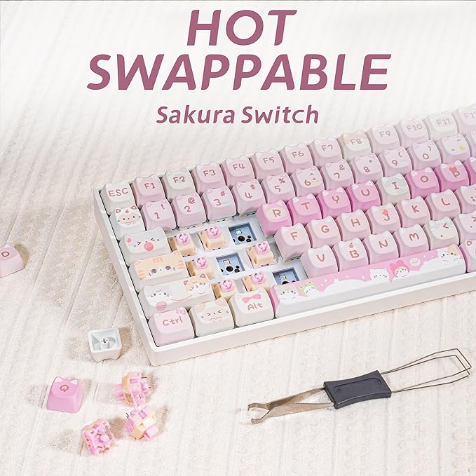 ZORNHER ZH100 Wireless Cat Mechanical Keyboard98% Pink Cute Creamy Keyboard with Number PadFull Size Girly Kitty Gaming KeyboardMeow Meow Squad KeycapsSilent Quiet SwitchesHot-Swappable