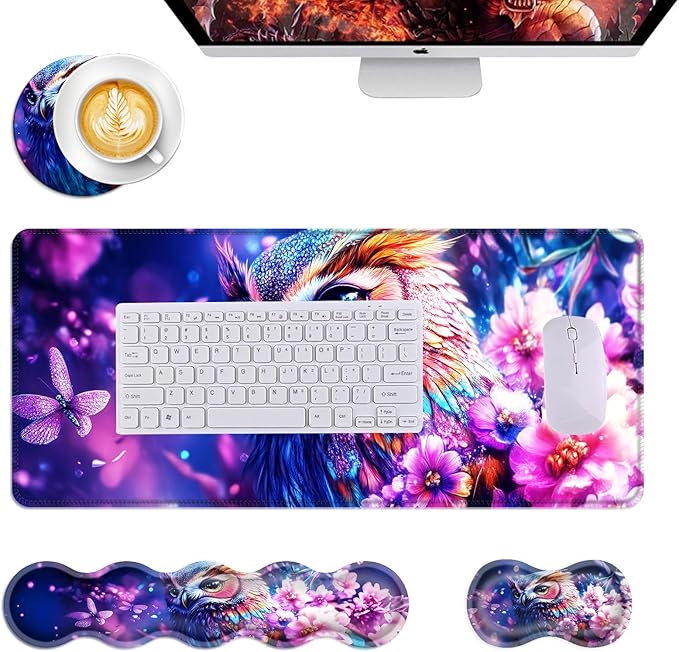 Mouse PadLarge Desk Mat Set 4in1 XL Mousepad + Keyboard Wrist Rest+Mouse Wrist Rest+Coaster with Ergonomic Desk Pad for Home Office Table Computer Cover -Owl Flowers Dragonflies