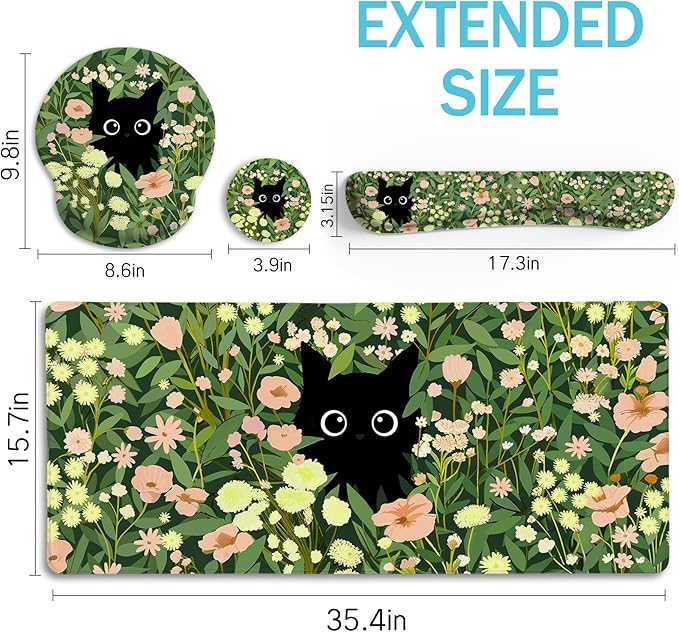 Blusabaca Black Cat Mouse Pad Desk Mat Large Gaming Mouse Pad with Wrist Rest Keyboard Pad Wrist Rest Cup Coaster Work Home Desk Accessories