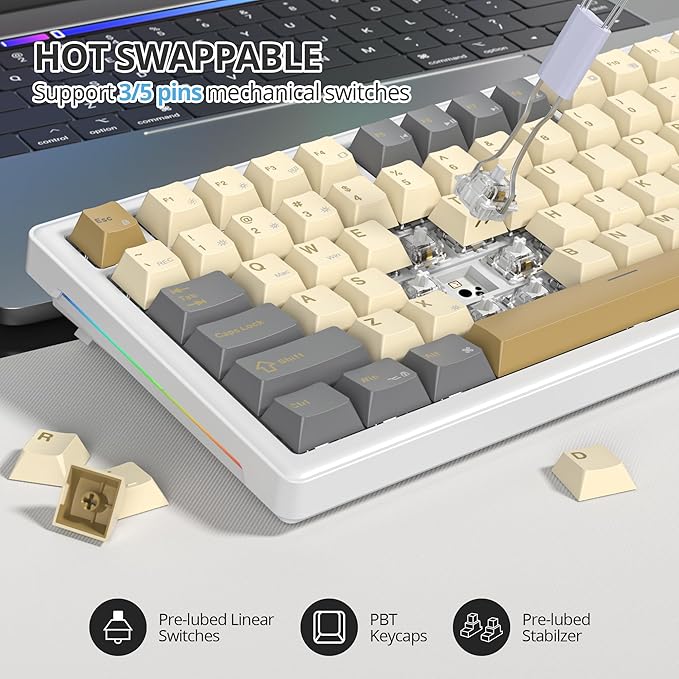 75% Retro Mechanical Keyboard Gasket with Knob Custom Wired Creamy Gaming Keyboard TKL 75 Percent Hot Swappable RGB Backlit Pre-lubed Switch for Win/MAC PC Laptop（Shimmer/White Switch）