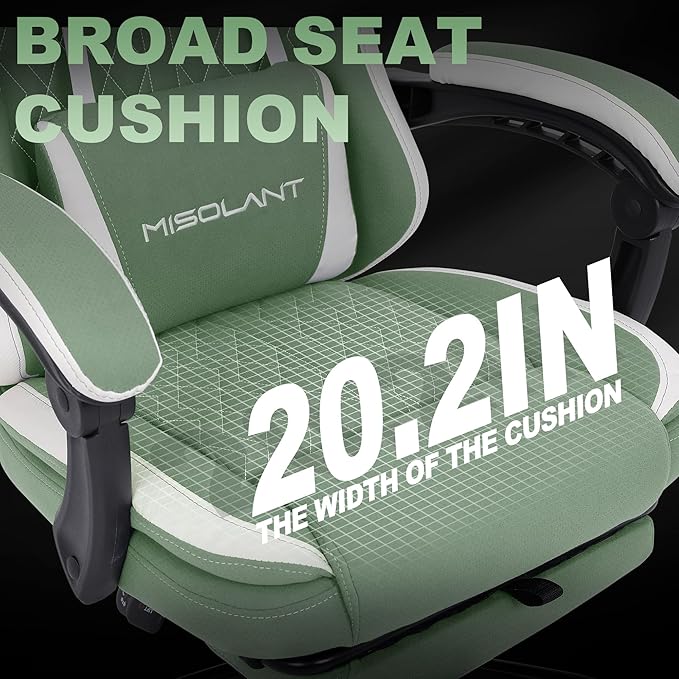 Misolant Gaming Chair Fabric Gamer Chair with footrest for Adults High Back Ergonomic Computer Game Chair with Adjustable Headrest and Massage Lumbar Support 90-155° Recline Free Green