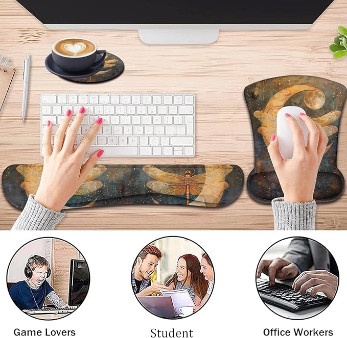 Keyboard Wrist Support + Wrist Mousepad + Coaster Combination Non-Slip PU Base with Gel Memory Mousepad Suitable for Gaming Office Pain Relief Mousepad Set - Vintage Dragonfly