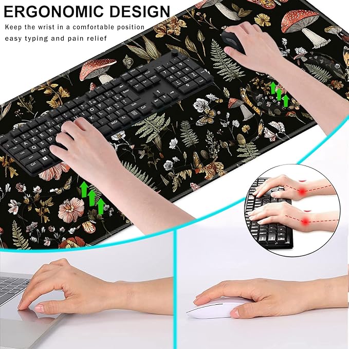 Keyboard Wrist Rest and Mouse Pad with Wrist Support Set Ergonomic CoasterMemory FoamEasy Typing Pain ReliefLarge XL Desk Mat 31.5x 11.8Magic Mushrooms