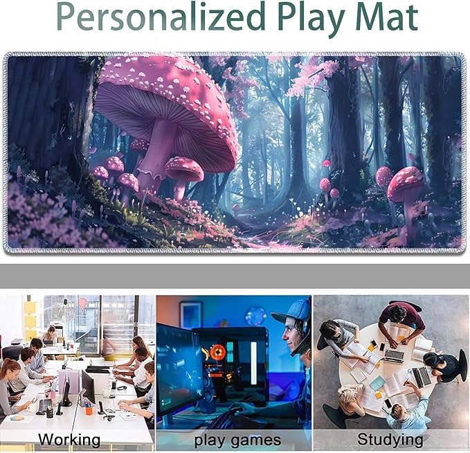 Large Gaming Mouse Pad + Keyboard Wrist Rest + Wrist Support + Coaster Set Memory Foam Ergonomic for Easy Typing XXL Extended Gaming Mouse Pad Table Pad - Mushroom Forest