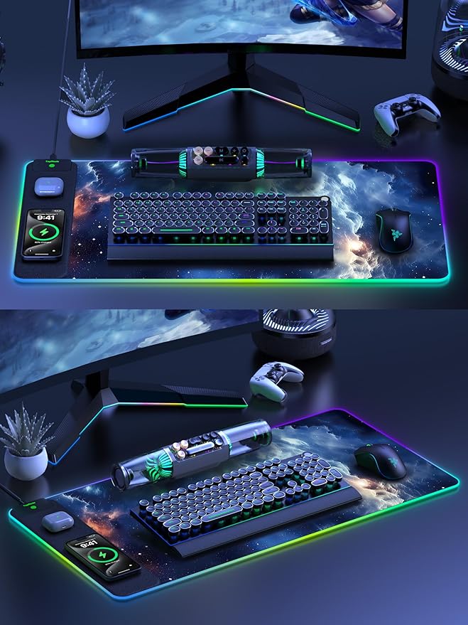 Wireless Charging Mouse Pad RGB Gaming Mousepad Home Office Desk Pad 31.5” x 15.8” XXL Large Desk Mat Waterproof Keyboard Pad Blue Nebula(Includes 20W PD Power Adapter &amp 6.56ft Woven Cable)