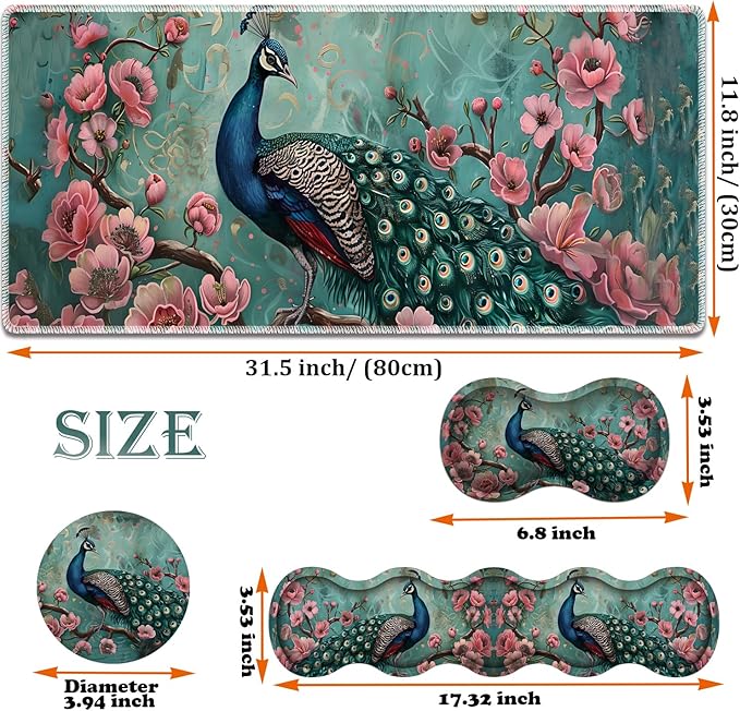 Large Gaming Mouse Pad + Keyboard Wrist Rest + Wrist Support + Coaster Set Memory Foam Ergonomic for Easy Typing XXL Extended Gaming Mouse Pad Table Pad - Peacock