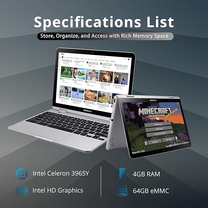 SAMSUNG Plus V2 2-in-1 12.2 Touchscreen Chromebook Laptop Intel Celeron 3965Y 4GB RAM 64GB eMMC Camera Wi-Fi Bluetooth MicroSD Reader Stylus Pen Chrome OS Silver 128GB USB Card (Renewed)