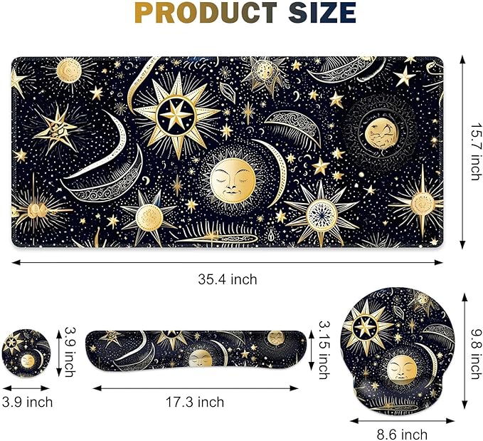 Gaming Mouse Pad Large Desk Mat Cute Desk Pad Protector 4in1 XXL Mousepad + Keyboard Wrist Rest+Mouse Wrist Rest+Coaster Set with Ergonomic Desk Pad for Home Office PC Computer Stars and Moon