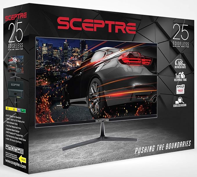 Sceptre E255B-1658A 25 FHD 1080p 165Hz 144Hz 1ms AMD FreeSync gaming LED Monitor 2x HDMI 2.0 1x DisplayPort RTS FPS Build-in Speakers Machine Black Metallic Black