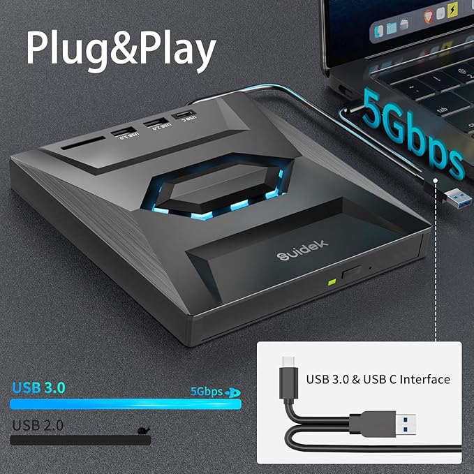 External CD DVD Drive for Laptop USB C Portable CD/DVD +/-RW Burner DVD Player with SD Card Reader USB 3.0 Type C Hub Compatible with Laptop PC Windows Linux
