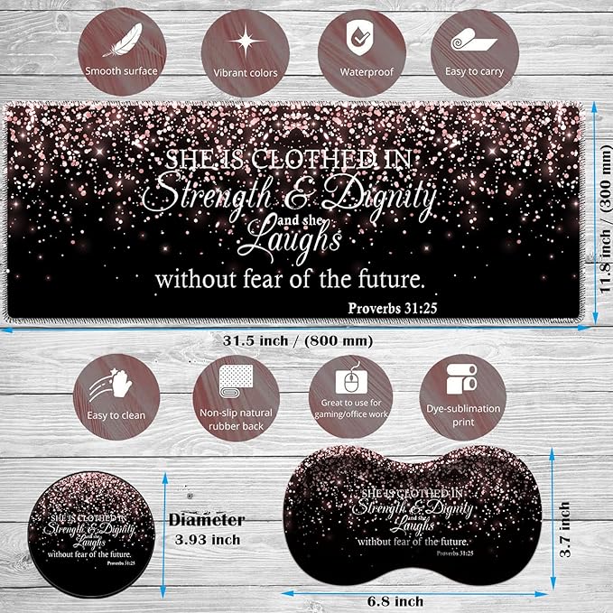 Large Game Mouse Pad + Wrist Support Pad + Coffee Coaster Rose Gold Proverbs 31:25 Foldable Table Mat with Stitched Edge Non-Slip Set Pad Suitable for Office Work and Home