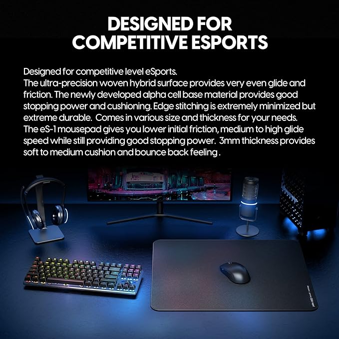 Pulsar - eS1 Esports Professional Level Gaming Mouse Pad 3mm Thickness Anti-Slip Base Anti-Fray Precision Stitching Medium to high Glide Speed 16.5in x 13in (Black Large)