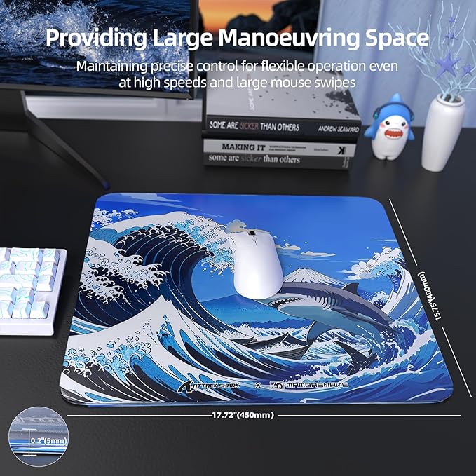ATTACK SHARK CM05 Glass Gaming Mouse Pad17.7x15.7 in Large Mouse MatNon Slip 9H Hard MousepadsNano-Textured Glass Surface with Improved Precision and Speed for FPS/MOBA-Wave SharkBlue