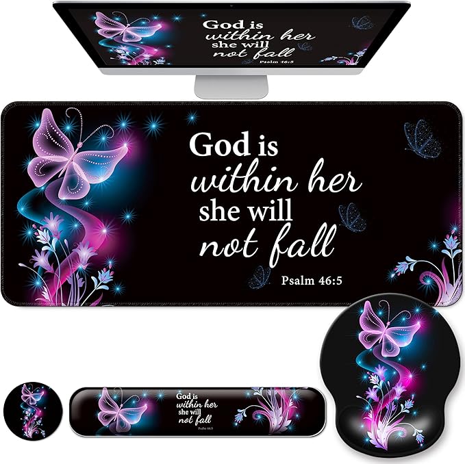 Desk Mat Set + Keyboard and Mouse Pad with Wrist Rest Support4-in-1 Large Mousepad Computer Mats for Desktop Home &amp Office-Purple Butterflies