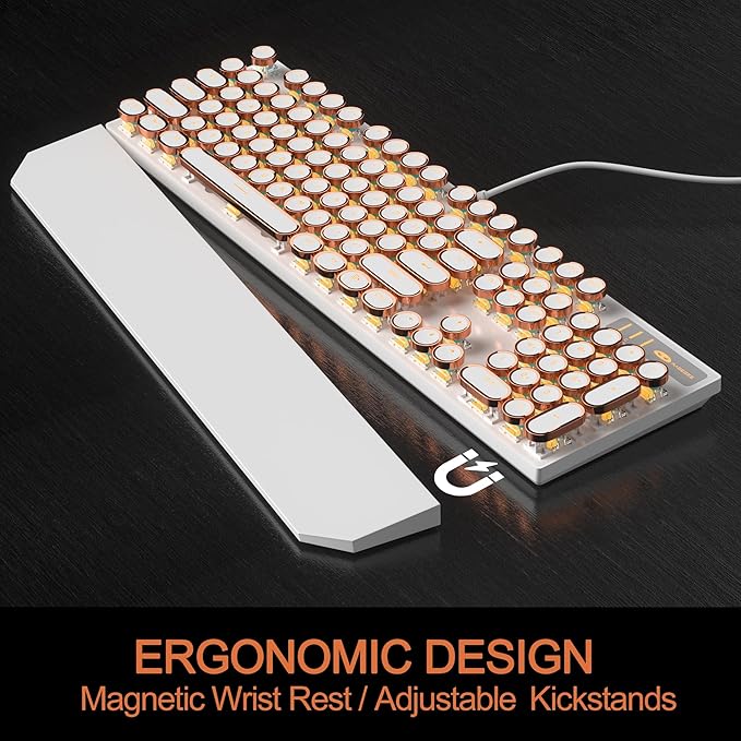 MageGee Typewriter Mechanical Gaming Keyboard Retro Gold Punk Round Keycaps LED Backlit Wired Keyboards for Laptop MAC PC Gamer with Magnetic Wrist Rest - Blue Switch