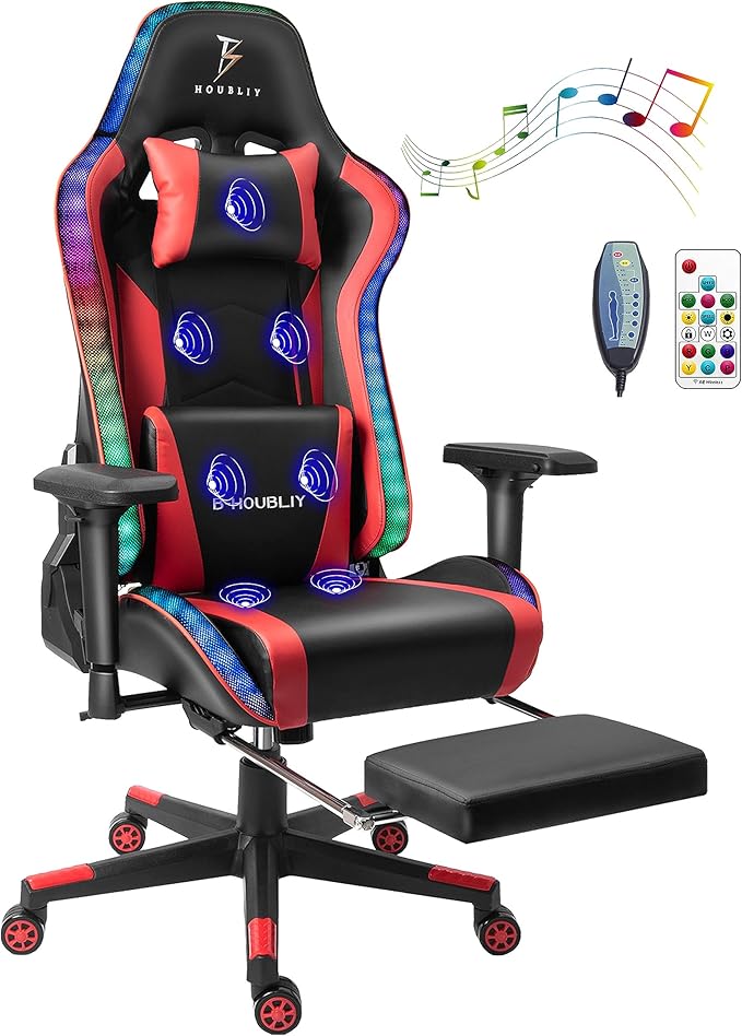 Gaming Chair with Full Massage Function High Back Racing Rocking Chair Gaming Chair with Speakers and RGB Lights Ergonomic Gaming Chair with Footrest. Adult Teen Computer Chair.Red