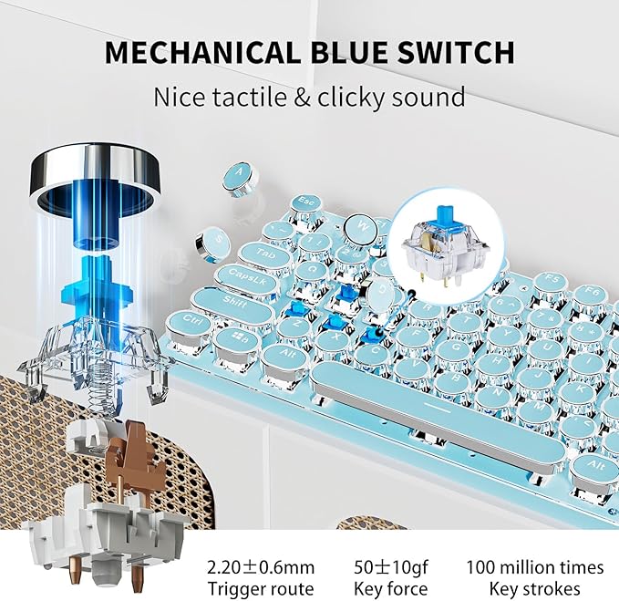 EWEADN TK950 Typewriter Keyboard Wireless Mechanical Keyboard 104 Keys Aesthetic Typewriter Keyboards with White Backlit Anti-Ghosting Blue Switch Bluetooth/2.4GHz/Wired Keyboards-Blue