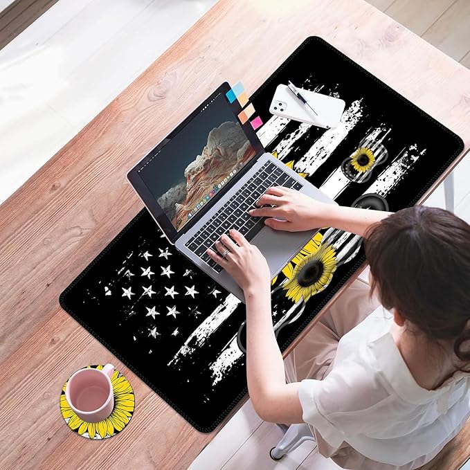 Mouse PadLarge Desk Mat Set 4in1 XL Mousepad + Keyboard Wrist Rest+Mouse Wrist Rest+Coaster with Ergonomic Desk Pad for Home Office Table Computer Cover -American Flag with Sunflower