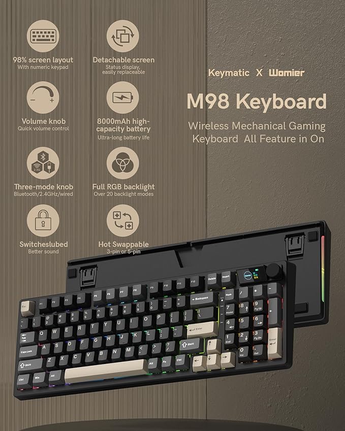 Keymatic M98 Wireless Mechanical Keyboard w/Screen &amp Knob 96% Gaming Keyboard BT/2.4G/USB-C Hot Swappable Custom Gaming Creamy Keyboardwith 8000mAh Battery