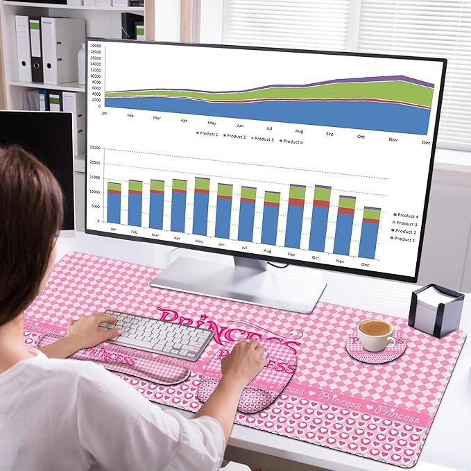 Mouse Pad with Wrist Support 4 in1 Set XXL Big Game Mousepad + Keyboard Wrist Rest + Mouse Wrist Rest Pad +Coaster Gaming Mat for Home Office Work Computer Laptop I Pink Checkered Princess Girl