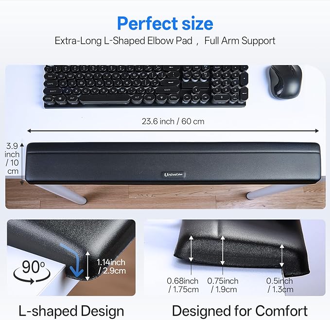UnivoColors Long Arm Rest for Desk EdgesPU LeatherNon-SlipMemory FoamDesk Edge SupportErgonomic Design for Long-Hour Work(23.6 * 3.9 inch One-Piece Design of White)