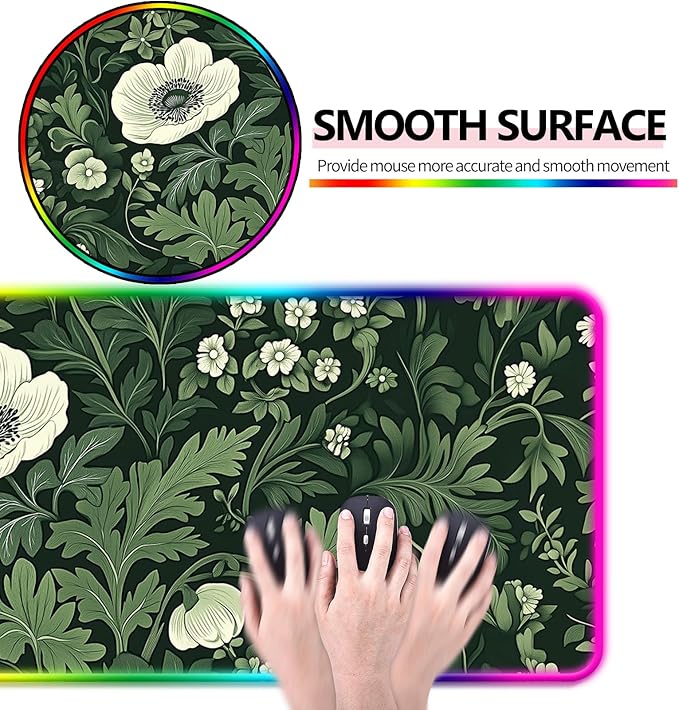 RGB Green Plant Wildflower Gaming Desk Mat Computer Keyboard Large Extended Long Floral LED Mouse Pad for Office and Home XL (W26)