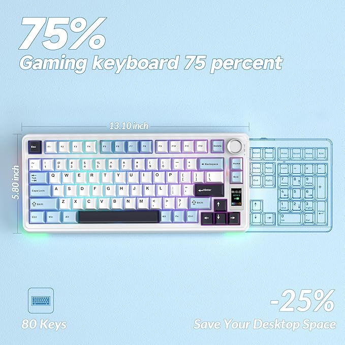 AULA S75 PRO Wireless Mechanical Keyboard with Screen&ampKnob 75% Hot Swappable Gaming Keyboard with Pre-lubed Switches RGB Backlit PBT Keycaps Creamy Sounding Pc Gaming Keyboards