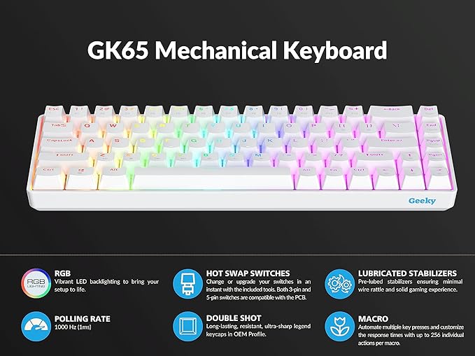 Geeky GK65 65% | Hot Swappable Mechanical Gaming Keyboard | 68 Keys Multi Color RGB LED Backlit for PC/Mac Gamer | ANSI US American Layout (White Mechanical Black)