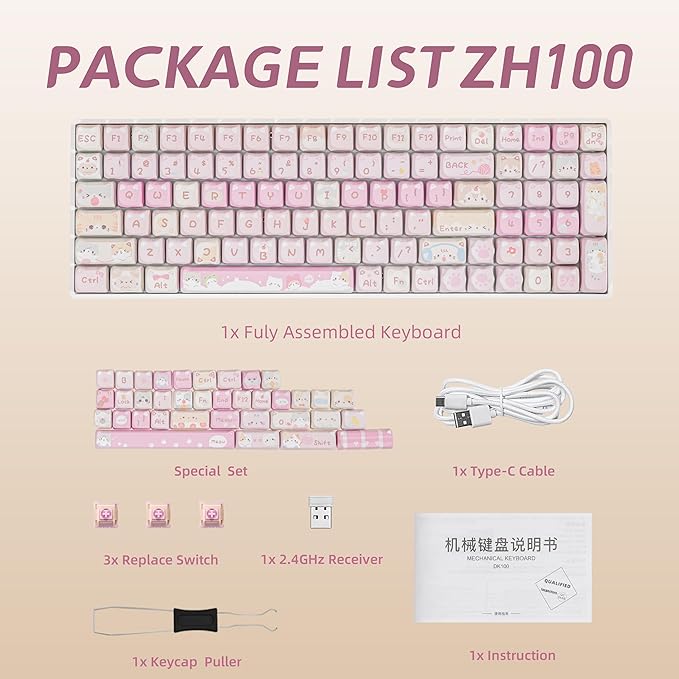 ZORNHER ZH100 Wireless Cat Mechanical Keyboard98% Pink Cute Creamy Keyboard with Number PadFull Size Hot-Swappable Kitty Gaming KeyboardMeow Meow Squad KeycapsClicky Blue SwitchesRGB Backlit