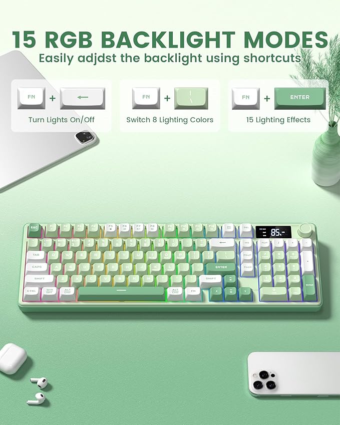 Keymatic Gaming Keyboard Wireless Creamy Keyboard with Media Knob &amp Screen Cute Keyboard Mechanical Feeling Membrane Keyboard with Number Pad RGB Backlit Tri-Mode BT/2.4GHz/USB-C - Green