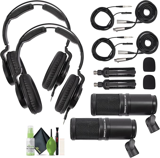 Zoom ZDM-1 Podcast Mic Pack Podcast Dynamic Microphone ZHP-1 Headphones TPS-4 Tripod Windscreen 2-Meter XLR Cable for Recording &amp Streaming Podcasts + Cleaning kit (Pack of 2)