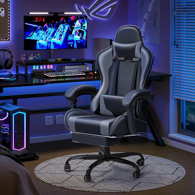 JUMMICO Gaming Chair Ergonomic Computer Chair with Footrest and Massage Lumbar Support Height Adjustable Video Gaming Chair with 360° Swivel Seat and Headrest (Grey)