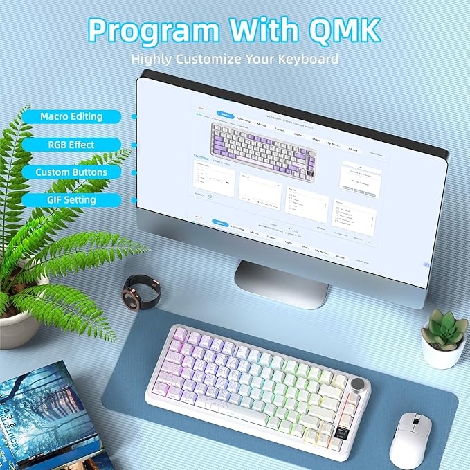 ATTACK SHARK X85PRO 75% Wireless Mechanical KeyboardTFT Smart Display &amp KnobBT/2.4GHz/Wired Gaming KeyboardContour Side Print Shine-through KeycapsRGBHot-Swapwith Pro Cable for PC/MAC (Whit