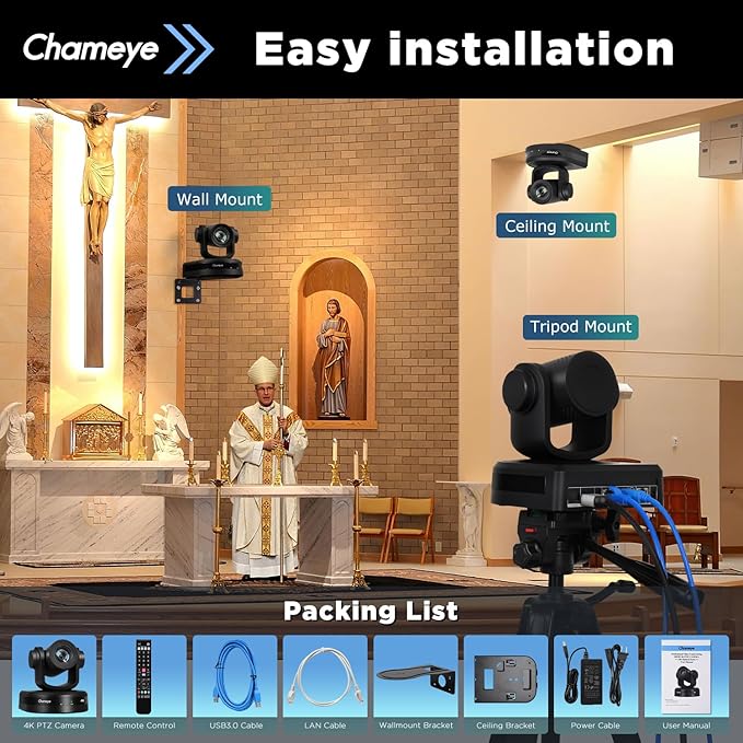 Chameye 4K PTZ Conference Camera AI Auto Tracking PTZ Camera 4K 20x Optical Zoom USB/HDMI/PoE for Church Video Conference &amp Meeting Room - Compatible with Vmix OBS Zoom CH420