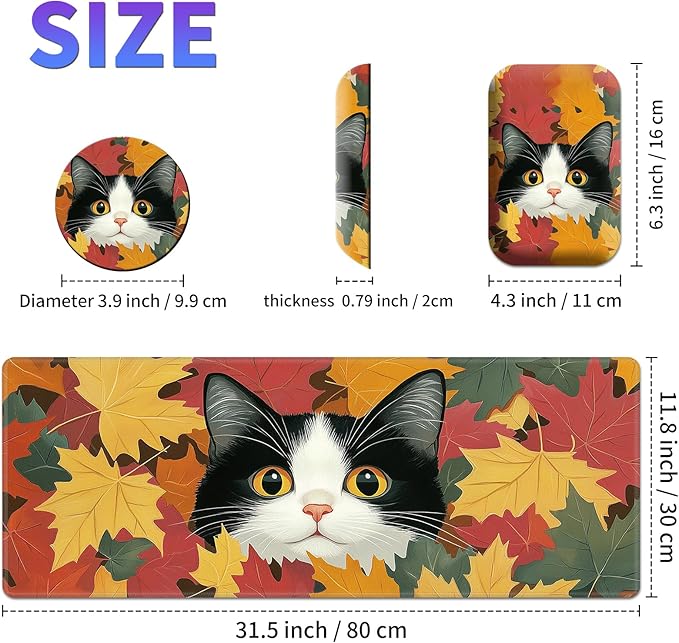 Large Mouse Pad Set Desk Mat + Elbow Rest Pad + Coaster Easy Typing Pain Relief Ergonomic Arm Rest Pad with Memory Foam Extended Desk Pad Anti-Slip Rubber Base for Office Home Autumn Cat