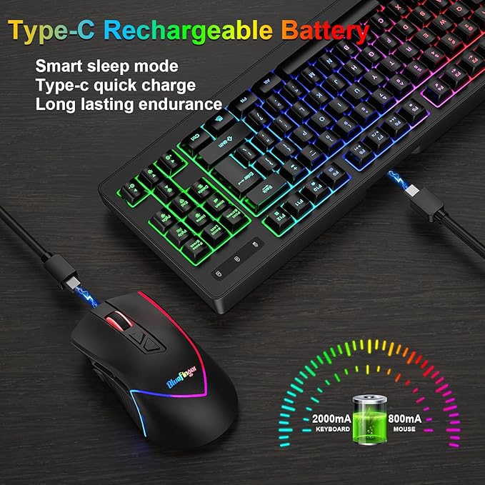BlueFinger Wireless Keyboard and Mouse Combo Long Lasting Rechargeable Battery 87 Keys RGB Rainbow Backlit Gaming Keyboard &amp Ergonomic Light Up Gaming Mouse for Mac Laptop Computer PC Gamer