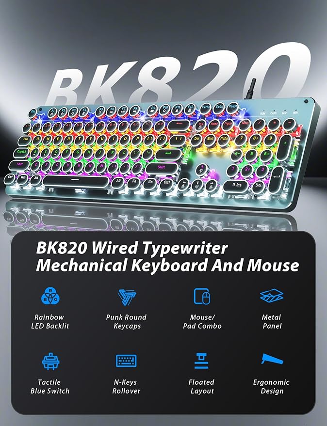 Typewriter Style Mechanical Gaming Keyboard Blue Switch Rainbow LED Backlit Wired Computer Keyboards Mouse and Pad Combo Metal Panel Retro Punk Round Keycaps 104 Keys Anti-Ghost for PC Laptop Gamer