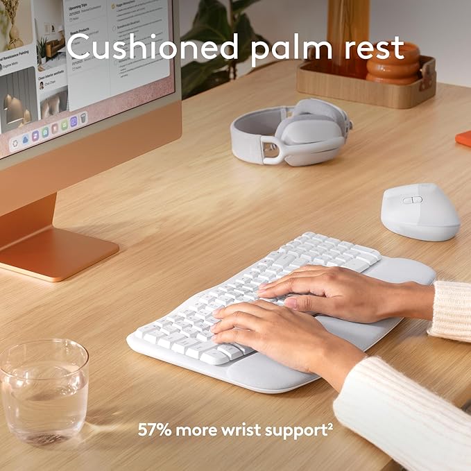 Logitech Wave Keys for Mac Wireless Ergonomic Keyboard with Cushioned Palm Rest Comfortable Natural Typing Bluetooth Keyboard Easy-Switch Optimized for Mac Apple iPad - Off White