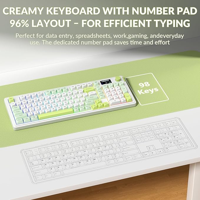L98 Wireless Gaming Keyboard Green Cute Creamy Keyboard with Number Pad Tri-Mode BT5.0/2.4GHz/USB-C RGB Backlit Quiet Office Computer Keyboards for PC Mac Laptop (Green White)