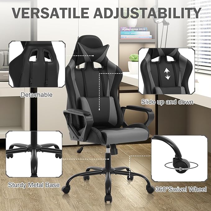 Gaming Chair Ergonomic Office Chair Desk Chair with Lumbar Support 360 Swivel &amp Rolling Computer Chair for Adults PU Leather Racing Style Supports 250lbs(Grey)